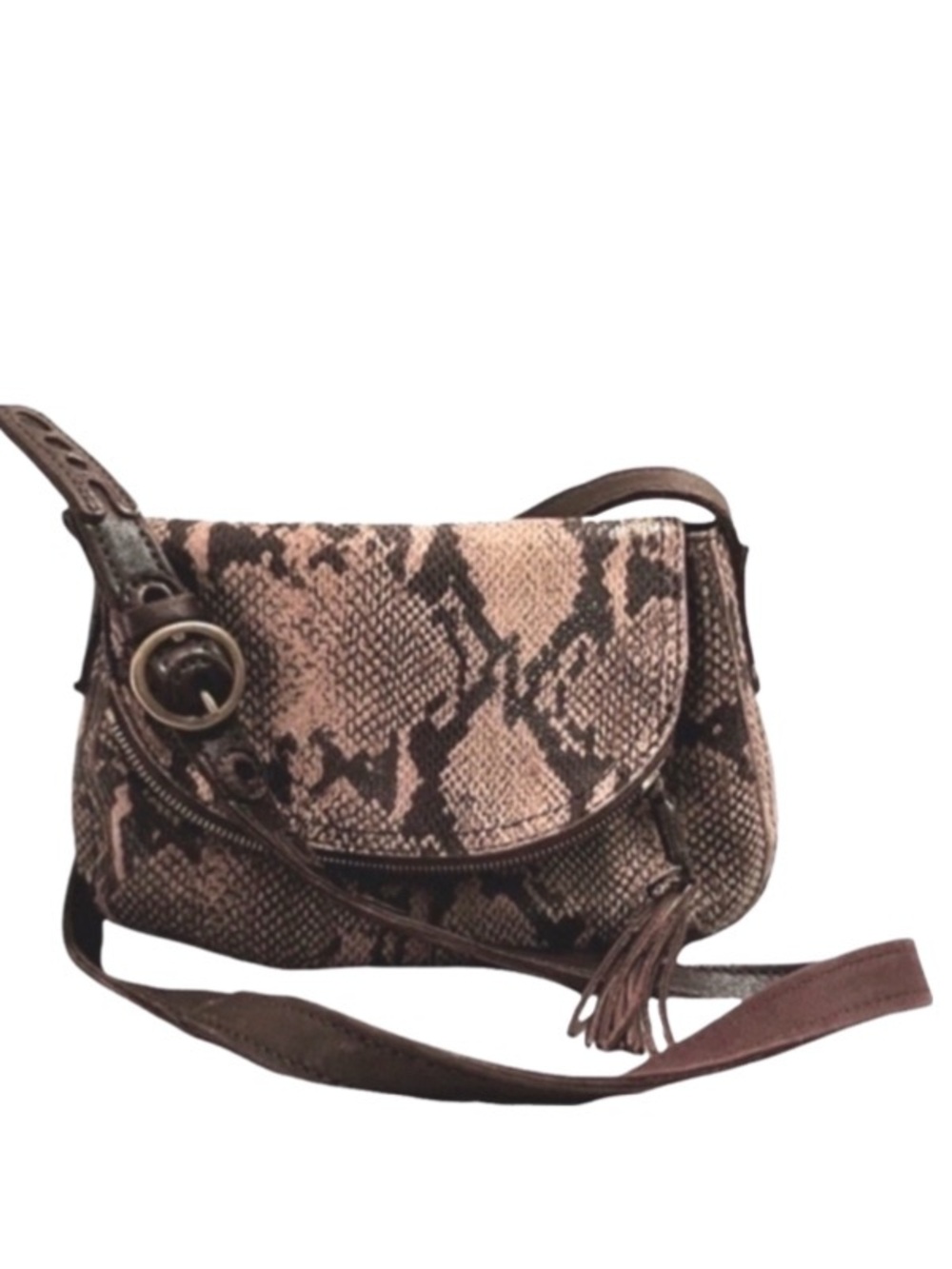 Lucky Brand Fold Over Crossbody Bag Snake Embossed Lamb Leather Purse Brown Tan